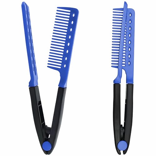 2-Pack Hair Straightening Comb Set - Flat Iron Comb for Beautiful Tresses, Straightener with Firm Grip, Ideal for Knotty Hair and Styling Blue