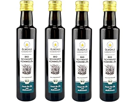 Organic Black Cumin Oil 1 Litre (4 x 250 ml) Filtered 1st Cold Pressing Egyptian Nigella Sativa Seed Straight from the Ölmühle Godenstedt