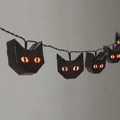 Halloween Lights String, Black Cat Light Battery Operated, 15 Orange Led with Black Paper Cat Lantern for Halloween Party Bedroom Mantle Fireplace Decoration