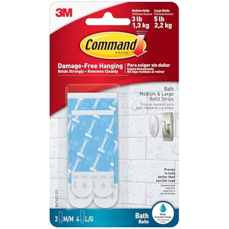 Command Bath Replacement Strips, 2-Medium and 4-Large Water-Resistant Adhesive Strips, Re-Hang Bath Hooks or Caddies