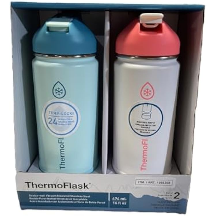Thermoflask 16oz Kids Water Bottle with Straw Lid, 2 Pack WhiteSky Blue
