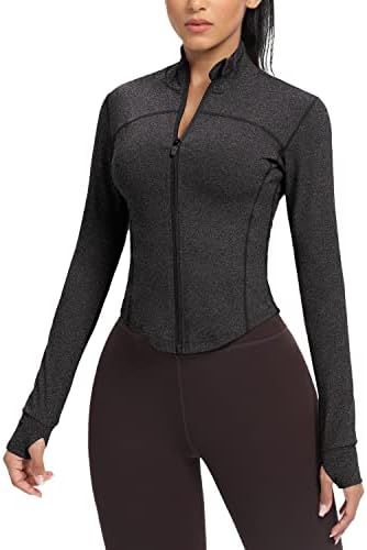AVGO Womens Cropped Running Workout Jackets Zip Slim Fit Athletic Tops with Thumb Holes