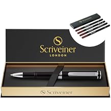 Scriveiner Black Rollerball EDC Luxury Pen, Stunning Pocket Pen with Chrome Finish, bundle with Rollerball Refill Black Medium - 4 Rollerball Refills in one box
