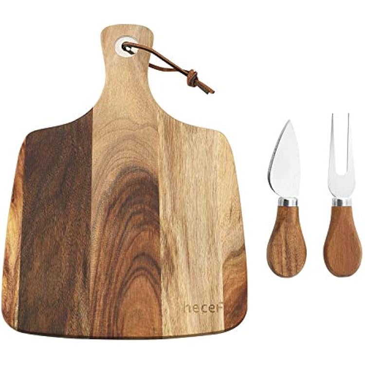hecef Cheese Board set of 3,a Acacia Wood Cheese Plate, a Knife, a Fork, Charcuterie Board Platter Slate Serving Set for Appetizer Birthdays, Weddings, Housewarming Cheese board with 2 knives