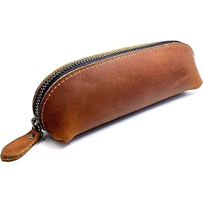 Pen Pouch Pencil Bag Black Leather Pencil Holder Small Portable Zipper Case for Fountain Pen Markers Makeups Change Coins,Gift for Adults Mens Womens Brown