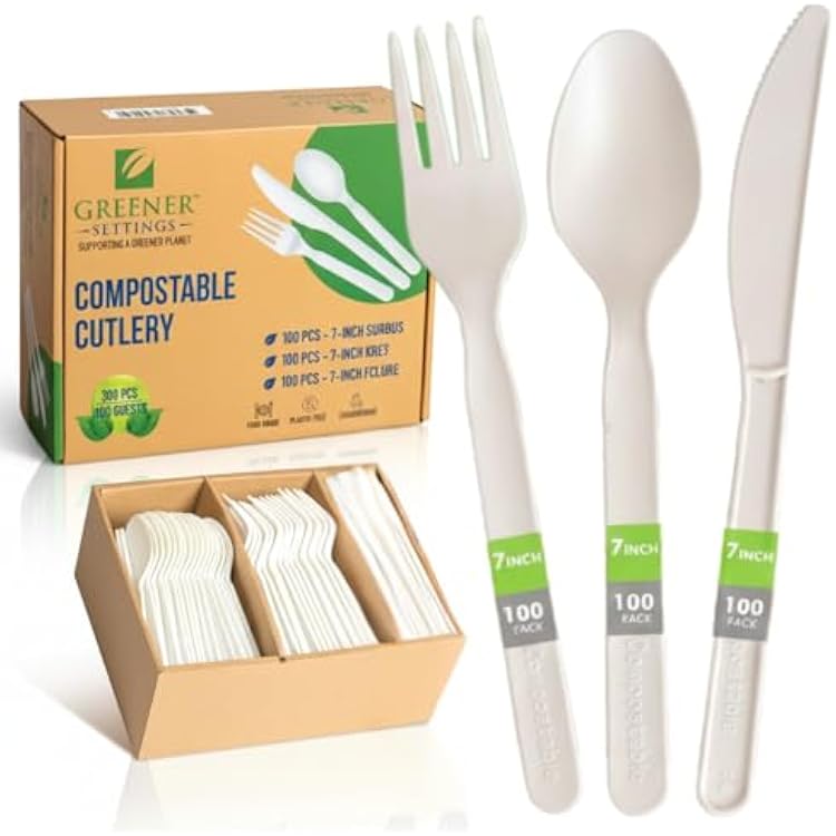 100% Compostable Cutlery Set 300pc Disposable Forks, Spoons & Knives | Heavy-Duty 7 Plant-Based Utensils | Heat Resistant, Eco-Friendly Alternative to Plastic | With Serving Tray 100 Sets
