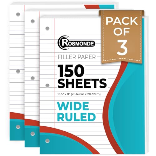 Rosmonde Loose Leaf Paper, 450 Sheets, 3 Pack, Wide Ruled Sheets, 8 x 10.5, Bulk Notebook Paper, 3 Hole Punched, 150 SheetsPack, Wide Ruled Paper for Binders, Loose Leaf Office Paper, White