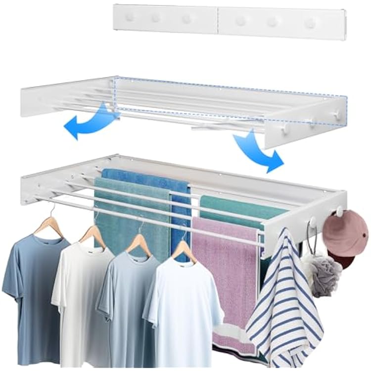 Wall Mounted Drying Rack 31.5, Upgrade 6 Knob Hooks, 5 Aluminum Poles, 40 lb. Load Capacity, Foldable, Retractable, Space Saving Clothes Drying Rack 31.5 White