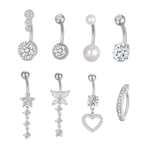 Spiritlele 8Pcs Belly Button Rings for Women 14G Gold Silver CZ Belly Rings Stainless Steel Dangle Clicker Navel Ring Piercing Jewelry with Heart Butterfly