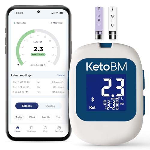 KetoBM Blood Glucose & Ketone Monitoring System - Bluetooth Meter Kit with Free App, Starter Kit with Glucose & Ketone Test Strips & Lancets | Complete Blood Sugar & Keto Testing Kit