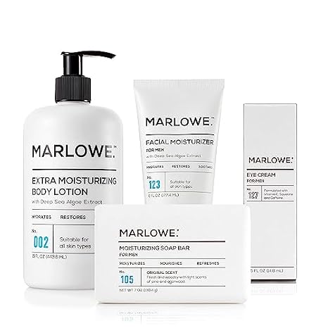 MARLOWE. No. 123 Men's Facial Moisturizer 6 oz 002 Extra Moisturizing Body Lotion 15 oz No. 108 Polishing Soap Bar No. 127 Mens Eye Cream