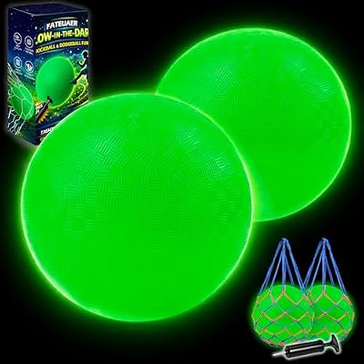Glow in The Dark Ball 2 Pack, 8.5 Inch Light Up Kickball Playground Ball with 2 Mesh Bags & Hand Pump,No Battery Needed,Charge by Sunlight or Indoor Light, Green Luminous Rubber Bouncy Balls,Gift Box