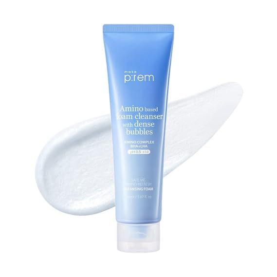 MAKE P:REM Safe Me. Amino Refresh Cleansing Foam, 5.07 fl.oz. (150mL) | Instant Deep Pore Cleansing, Gentle Exfoliation with BHA & LHA, Korean Face Wash