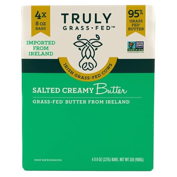 Salted Creamy Butter, 8 oz, 4-count, 95% Grass Fed Butter; Irish Grass-Fed Cows; Imported from Ireland; Non-GMO Project Verified; 4-8 oz. Bars.