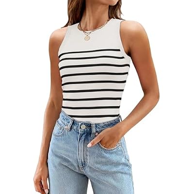 MEROKEETY Womens Ribbed Knit Tank Top 2025 Summer Casual High Neck Striped Sleeveless Shirts