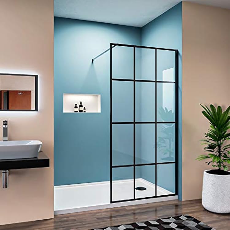 ELEGANT 34 W x 72 H Single Panel Shower Door, Fixed Glass Shower Screen with 516 Clear Glass, Support Bar Included, Satin Black Frameless Glass Single Panel