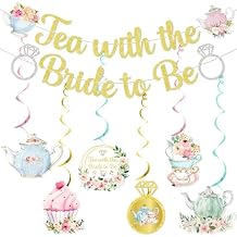 Tea with the Bride to Be Banner Hanging Swirls - Tea Party Bridal Shower Decorations Bridal Tea Party Decorations for Bridal Brunch Sign Gold Glitter