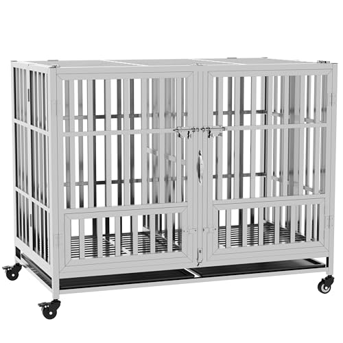 37 42 48 Heavy Duty Dog cage Stainless Steel Metal Kennel and Crate, Collapsible for Medium to Large Dogs, Easy to Assemble pet Pen with Four Lockable Wheels, Black Tray sm-48in