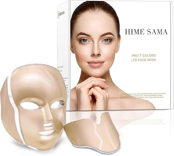 HIME SAMA LED Face Mask- 7 Color LED Mask for Face and Neck Skin Care, | Full Face & Neck Coverage | Red & Blue LED | Home Beauty Routine