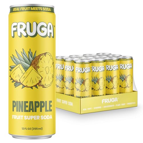 FRUGA Pineapple Sparkling Fruit Super Soda, Prebiotic Soda, Low Calorie, Healthy Soda Benefits and Vitamin Boost, 12 Fl Oz Pack of 12