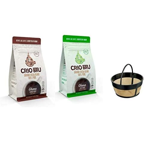 Crio Bru Starter Kit w Coffee Filter 2 10oz Bags  Coffee Filter | Natural Healthy Brewed Cacao Drink | Great Substitute to Herbal Tea and Coffee | 99% Caffeine Free | Keto Whole-30 Honest Energy | Brew and Enjoy Hot or Iced