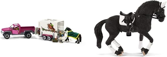 Schleich Horse Truck and Trailer Toys 14 Piece Pickup Truck & Trailer Playset, with Horse Figurine, Rider ActHorse Toys for Girls and Boys Frisian Stallion Riding Tournament, Horse Toy