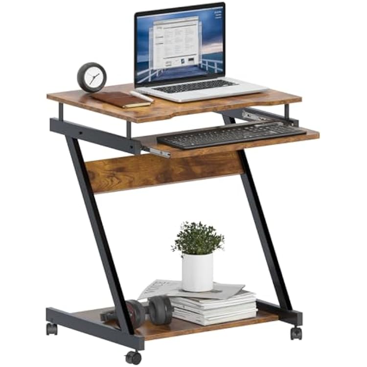 soges Movable Desk for Computer, Small Double-Layer Workstation, Computer Desk Cart, with Universal Lockable Wheels and Keyboard Tray, Vintage Brown
