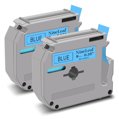 NineLeaf Compatible Label Tape Replacement for Brother P-Touch M-Tape M521 MK521 M-K521 Work with Ptouch PT-M95 PT-90 PT70 PT-65 PT85, 0.35 Inch 9mm x 26.2 Feet 8m, Black on Blue, 2 Pack