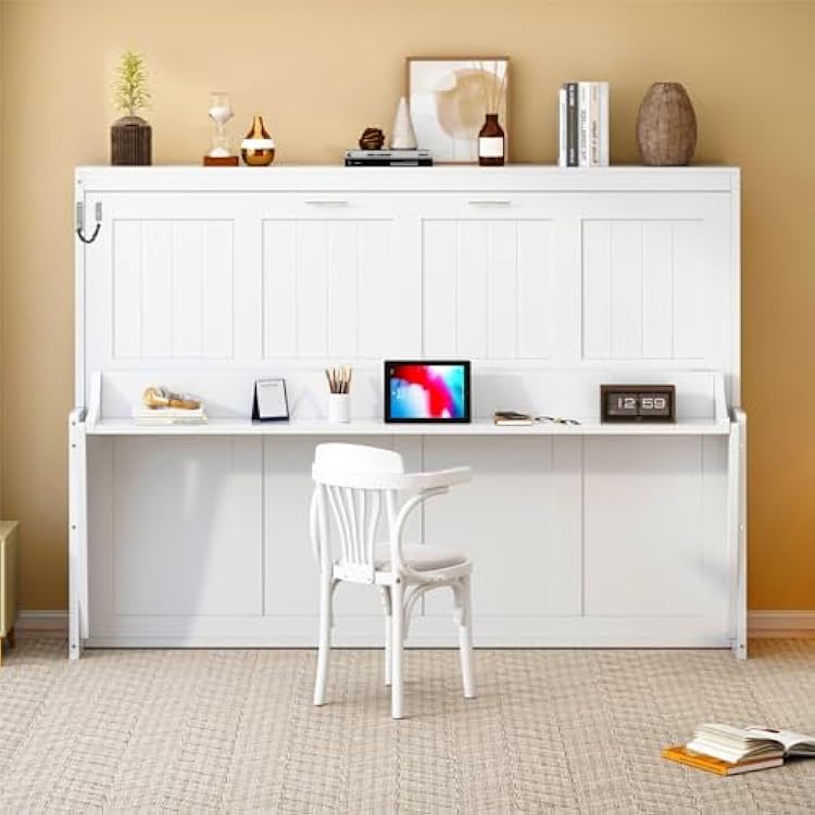 Queen Size Murphy Bed with Hydraulic Lift & Desk Design, Wood Wall Bed Muti-Functional Designed for Guest Room Home Office WhiteH, Queen