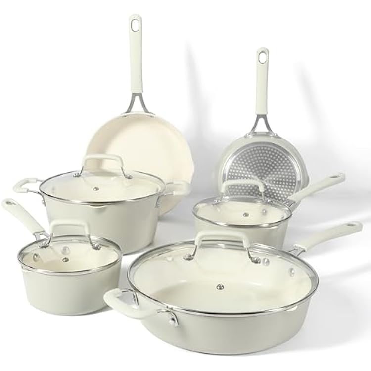 Martha Stewart Heathland Premium Nonstick PFA Free Ceramic Interior 10-Piece Tapered Aluminum Cookware Set - Linen White