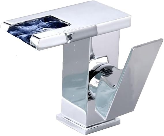 Copper Bathroom Basin Faucet Waterfall Tap with Temperature Sensing Colour Changing LED Light Single Handle Design for Bathroom Cabinet No Tools Required Installation(silver)