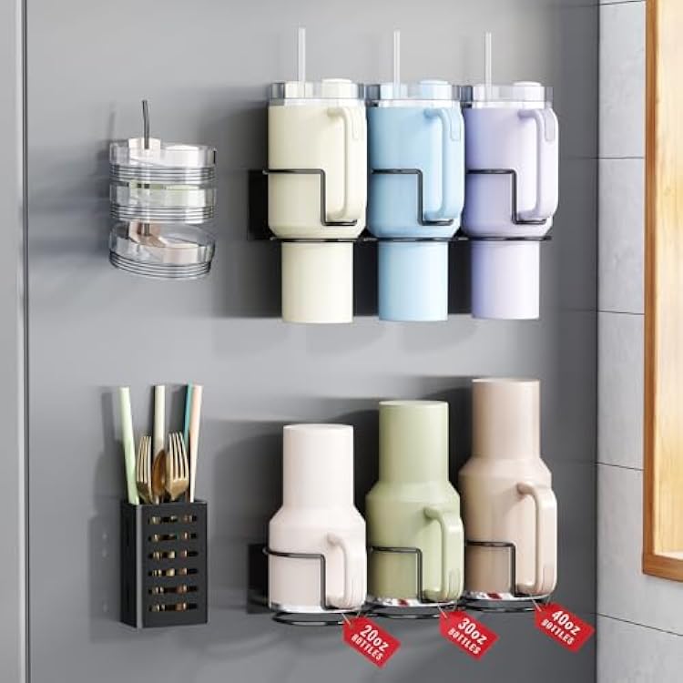 Magnetic Cup Holder for Fridge, Aufworld Tumbler Organizer Fits 203040 oz Stanley Cups, Accessory Storage with Lid & Straw Holder, Space-Saving Storage Rack for Kitchen Fridge Black-Cup Holder Set