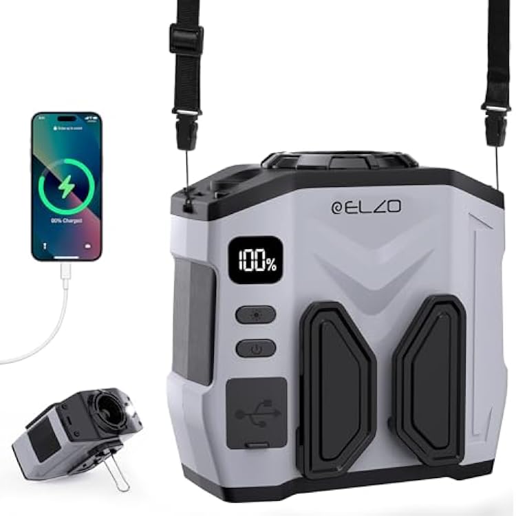 ELZO Waist Fan Portable, 10000mAh Clip on Belt Personal Fan, 5 Speed 16000RPM Max 41H Working Time Rechargeable Hands-Free Hanging Neck Fan Wearable, for Outdoor, Hiking, Jobsite, Farms
