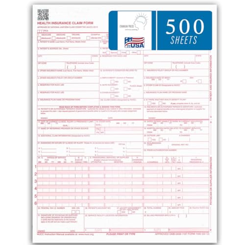 CMS 1500 Claim Forms - 500 Sheets | New Version HCFA 1500 022012 Revision | Laser & Inkjet Compatible Health Insurance Claim Forms for Accurate Medical Billing