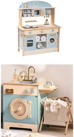 ROBUD Wooden Play Kitchen Set with Play Washer, Realistic Toy Kitchen Set, Pretend Play Kitchen Set with Accessories, Ideal Pretend Playset Gift for Boys & Girls, 3+