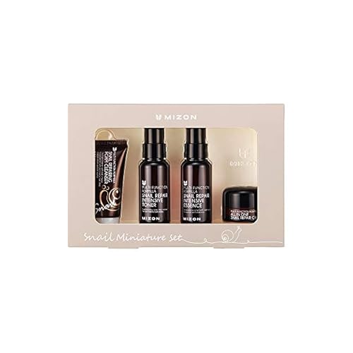 MIZON Snail Line Set, Korean Snail Skincare Essentials Set, Mini Sized Snail Foam Cleanser, Toner, Essence, and All in One Facial Cream to Improve Skin Tone, Fine Wrinkles, Smooth, Moisturize.