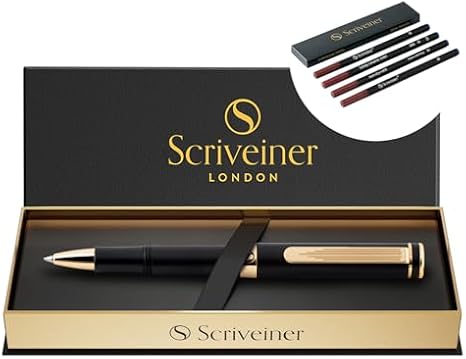 Scriveiner Black Rollerball EDC Luxury Pen, Stunning Pocket Pen, Real Gold Plating, bundle with Rollerball Refill Blue Medium - 4 Refills in one box