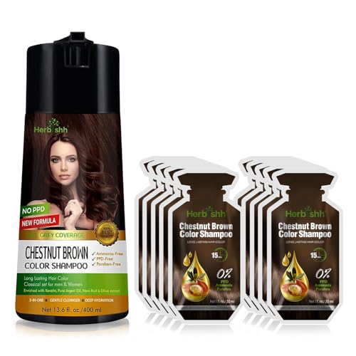 Herbishh Chestnut Brown 3 in 1 Hair Dye Shampoo 400 ML  Travel Size Dye Shampoo pack of 10, 30 ML Each - PPD Free Champu Para Canas Muje
