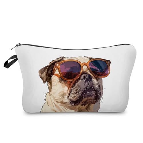 Funny Pug Makeup Bag Small Organizer Bag Toiletry Zipper Pouch Cartoon Sunglasses Pug Cosmetic Bag Present for Pug Lovers Pug Mom Women Friends