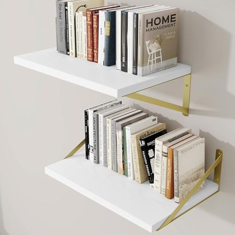 Deep Wall Shelves 16W x 12D Engineered Wood Floating Shelves for Wall, Sturdy Metal BracketGold Bookshelves Home Decor Storage for Living Room Bedroom Bathroom Kitchen, Set of 2, Black Finish