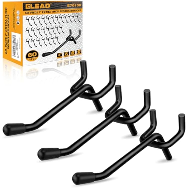 ELEAD 60-Piece 2 Inch Extra Thick Pegboard Hooks, Heavy Duty Peg Board Organizer Accessories, Peg Board Tool Hangers Fit for 14 Pegboard Hanging Tools Garage, Workshop, and Craft Storage