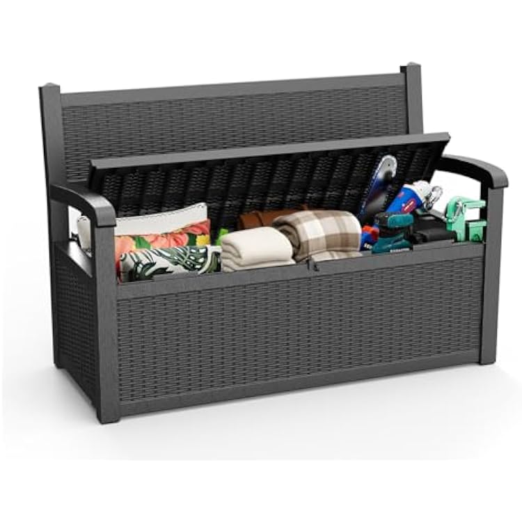 70 Gallon Storage Bench Deck Box Resin Patio Furniture with Armrest, Waterproof and UV Resistant Lockable for Patio Furniture, Garden Decor and Outdoor Seating for Cushions, Garden Tools,Black