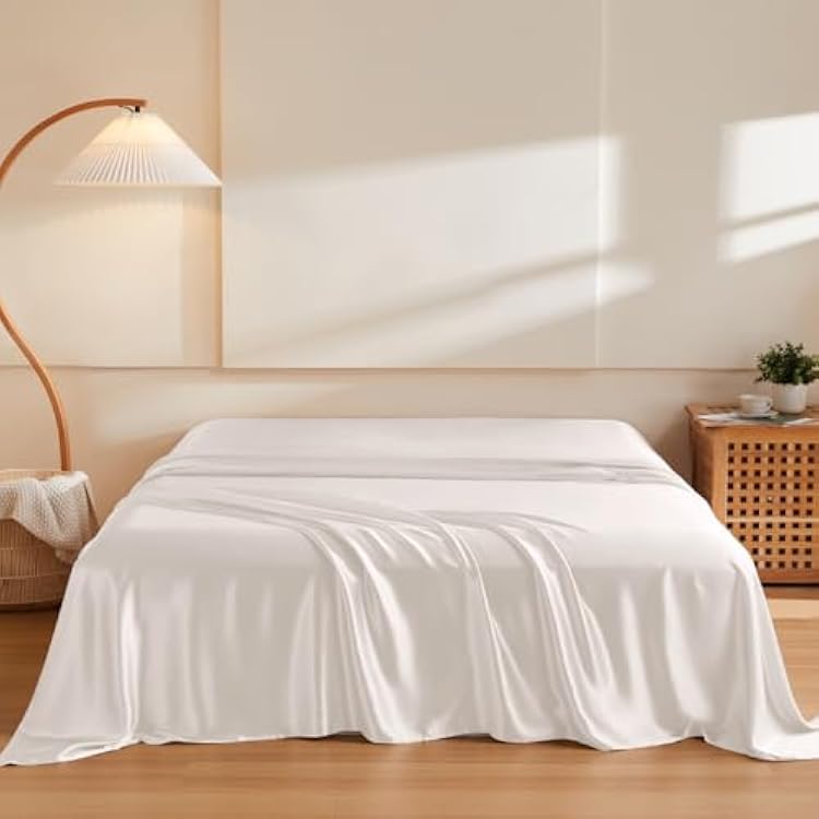 THXSILK Silk Flat Sheet 6A Top 100% Pure Mulberry Silk Bed Sheet Luxury Ultra Soft Breathable Cooling Lightweight Bedding Durable Safe Material, 1 Flat Sheet Only Pearl White, Twin