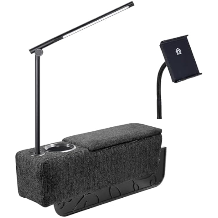 Sofa Armrest Tray with Cup Holder, Couch Armrest Console Couch Caddy with Storage, Multifunctional Removable Arm Rest for Couch Equipped with LED Reading Light, Wireless Charger Stand, Drink Stand