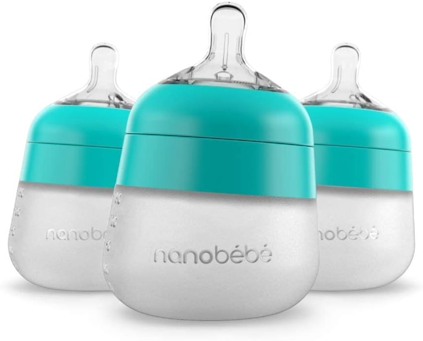 Nanobebe Flexy Silicone Baby Bottles, Anti-Colic, Natural Feel, Non-Collapsing Teat, Non-Tip Stable Base, Easy to Clean 3-Pack, 150ml in Teal