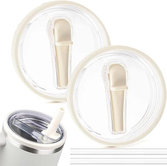 2 Pack 40oz Tumbler Flip Straw Lid Replacement Fit for Stanley Quencher with Straws, Leak Proof Splash Resistant Tumbler Lids for Stanley Cup Accessories (Cream White)