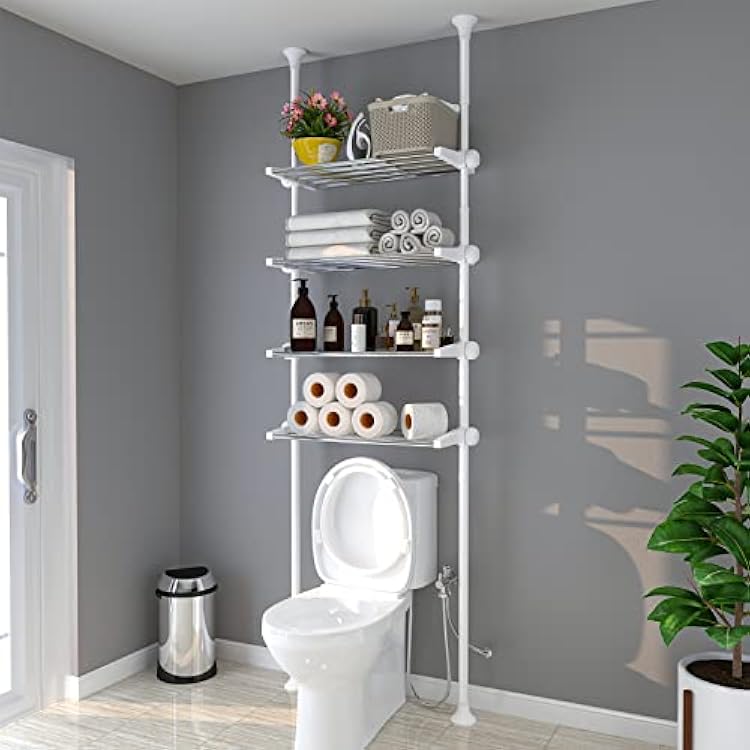 Bathroom Over The Toilet Storage, Over Toilet Organizers Shelves 4.5-9.5 FT Adjustable, 4-Tier Shelf Rack Above Behind Toilet, Wash-Machine, Small Room Space Saver Metal Shelving, White, Rustproof