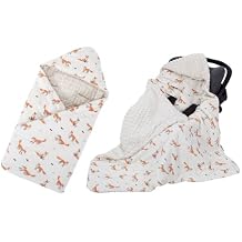 HOUSBAY Baby Blanket Newborn with Hooded Windproof Warm Portable Swaddle Wrap for Basket Safety Seats, Beige, 35.5''x35.5'', Minky Dot and 100% Cotton Fox Printed