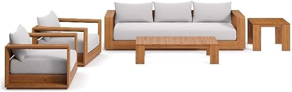 Modway Tahoe Acacia Wood 5-Piece Outdoor Patio Furniture Set in Natural Light Gray - Includes Lounge Chair and Sofa with Weather-Resistant Cushions, Plus Coffee Table