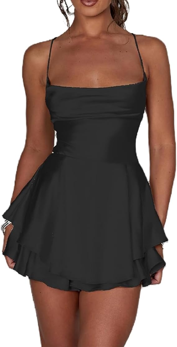Women Sexy Backless Short Romper Satin Dress Spaghetti Strap Backless Short Ruffle A Line Mini Cami Dress